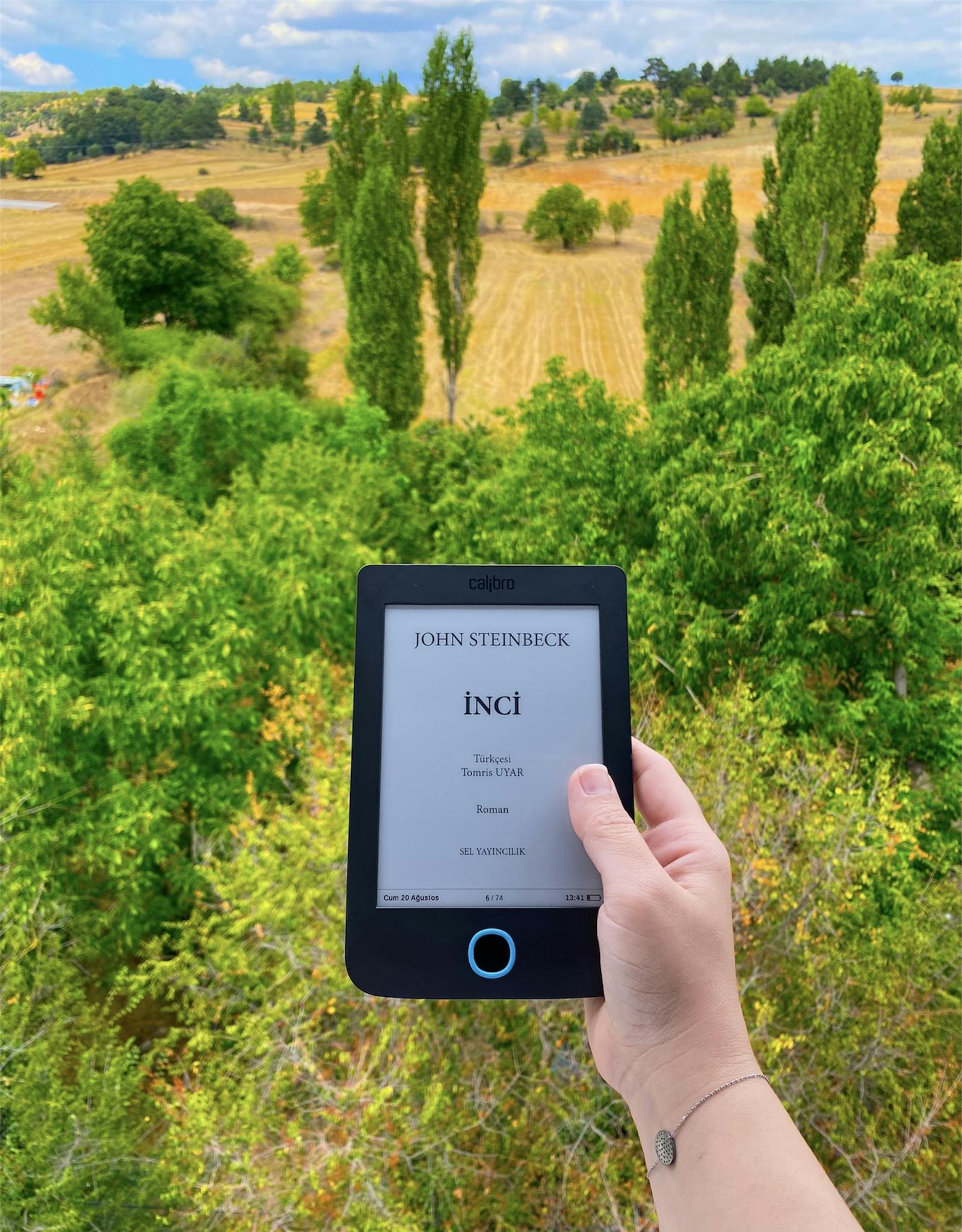 A hand holding an e-book reader displaying 'John Steinbeck' with a rural Turkish landscape in the background.